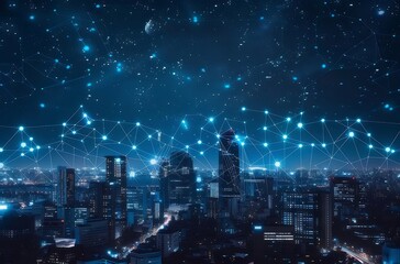 Poster - 夜空に輝くデジタルネットワークが広がる都市のパノラマビュー 青い光と未来的なデザインの都市景観
