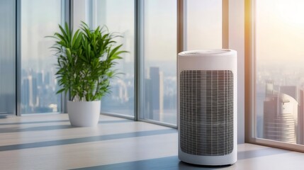 Aufkleber - 未来的なデザインの円筒形のエネルギーデバイス高層ビルの窓と緑の植物の背景