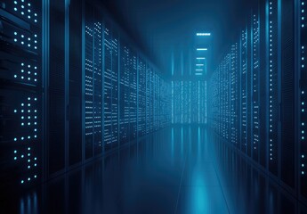 Aufkleber - Blue-lit server room with rows of data racks. Ideal for cybersecurity, IT infrastructure, and modern tech presentations.
