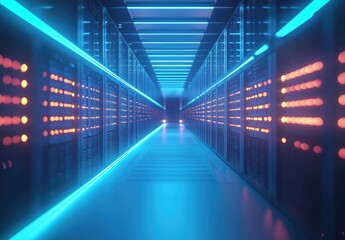 Aufkleber - Neon-lit high tech server corridor glowing with orange and blue lights. Perfect for AI, network systems, and futuristic data concepts.