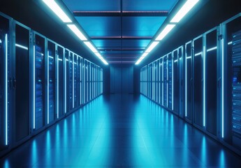Fototapete - Bright data center hallway lit with blue ceiling and rack lights. Ideal for network infrastructure, IT storage, and digital operations.
