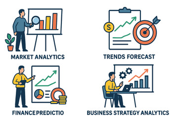 Fototapete - Market analytics, finance prediction, trends forecast, and business strategy analytics are depicted in a flat vector illustration set
