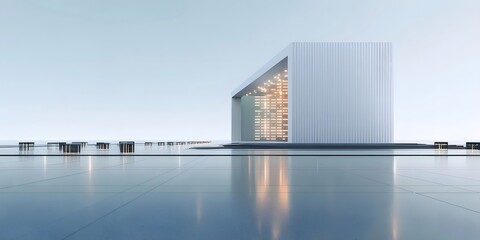 Aufkleber - 抽象的な白い建物と反射する青い水面 未来的なデザインと光の表現 現代的な都市景観