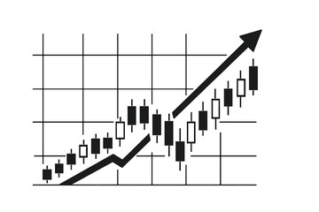 Fototapete - An abstract financial chart with a widescreen display shows an uptrend line graph and candlestick on a contrasting black and white color scheme