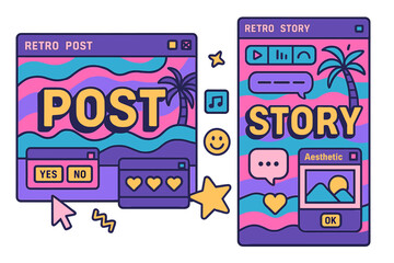 Poster - Retro vaporwave post and story template with a cute nostalgic 90s feel, featuring social media stories and posts incorporating old computer aesthetic ui elements vector set, and an illustration of