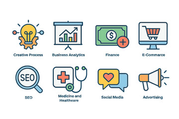 Poster - A simple set of vector icons in thin line style is available, comprising icons for Creative Process, Business Analytics, Finance, E-Commerce, SEO, Medicine and Healthcare, Social Media, and more