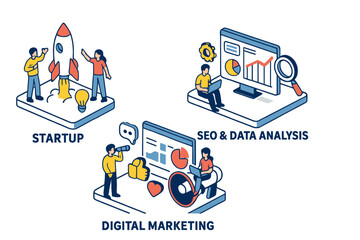 Poster - Isometric 3D illustrations are offered in a set that includes startup, SEO, data analysis, and digital marketing with characters