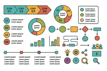Fototapete - The infographic elements in this data visualization vector design template can be utilized to depict business processes, workflow, and flowchart concepts, as well as timelines and marketing icons
