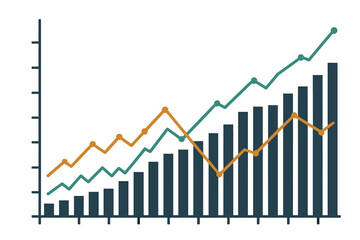 Poster - A financial data graph chart is depicted in a vector illustration, complete with trend lines, columns, and a background that conveys market economy information and chart analytics economic concept
