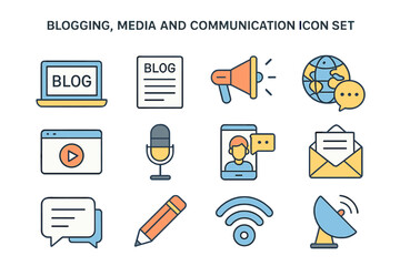 Poster - The icon set for blogging, media, and communication features a thin line and flat design aesthetic