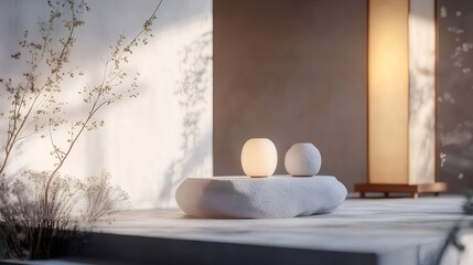 Aufkleber - 石造りのテーブルに置かれたライトと白い装飾の風景 光と影が織りなす穏やかな雰囲気