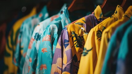 Poster - A row of colorful shirts hanging on a rack, great for fashion or lifestyle scenes