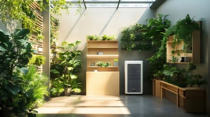 Poster - 明るい日差しが入るモダンな屋内庭園 緑豊かな植物と木製の棚が配置された室内空間
