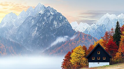 Fototapete -   A photo of a mountain range with a house in the foreground and a misty sky in the background