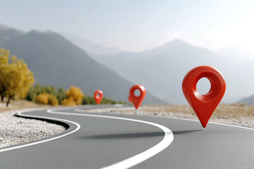 Poster - Road with location pins on road map with mountains in background. Road map with destination pins on the road with mountains in the background
