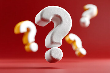 Fototapete - Question Mark 3D Render with White and Yellow Question Marks on Red Background. Question mark is a graphic resource