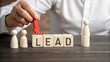 © raseldesigner93 - Strategic Lead: A focused individual strategically positions a red arrow on the wooden blocks spelling 'LEAD,' symbolizing direction, influence, and guidance in a business-oriented context.