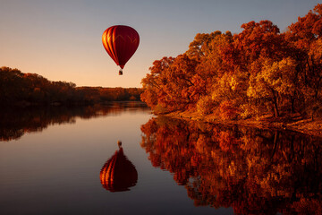 Aufkleber - Red hot air balloon over calm autumn river, reflected in water, surrounded by orange trees. Serenity, adventure, travel concept