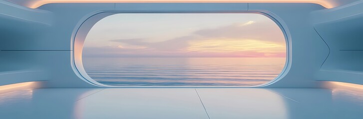 Aufkleber - 未来的な部屋の窓から見える夕焼け時の海景色の抽象的な風景