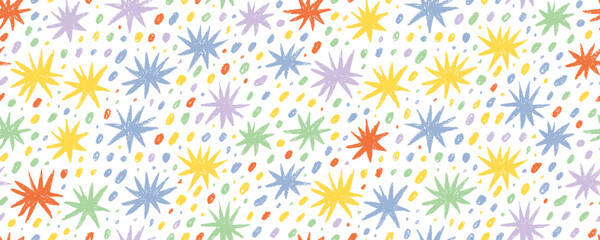 Fototapete - Colorful seamless pattern with funky crayon drawn stars and dots. Hand drawn childish cosmic vector background.