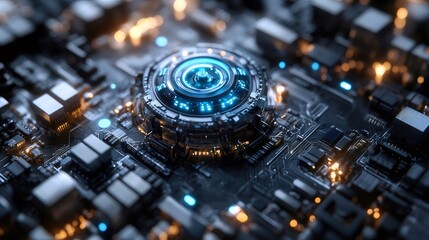 Aufkleber - 青色発光の円形構造のデジタル技術デザイン 近接撮影の暗い背景に輝く回路要素