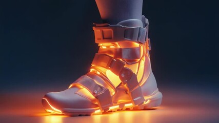 Poster - Close-up shot of a person's foot wearing glowing shoes, great for futuristic or sci-fi themed designs