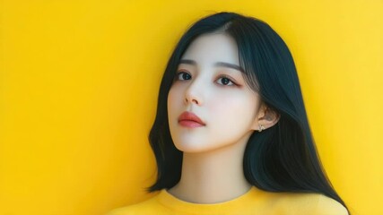 Aufkleber - A woman with long black hair wearing a yellow shirt, possibly in a casual or outdoor setting