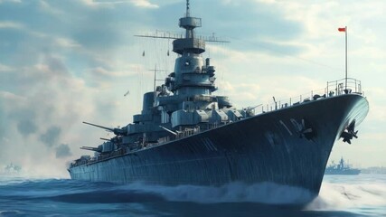 Poster - A big battleship sailing through calm waters, perfect for maritime or military themes