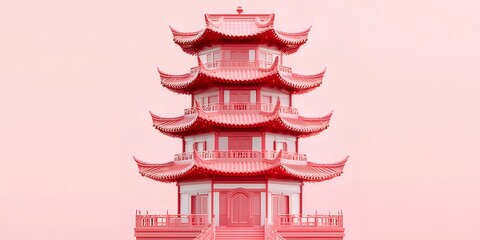 Aufkleber - ピンク色基調の中国風建造物 赤い屋根と装飾が特徴的 空背景の伝統的建築物