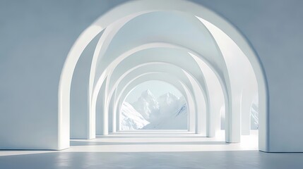 Poster - 白く連なるアーチ状の通路と遠景に雪山が望める冷涼感ある空間デザイン