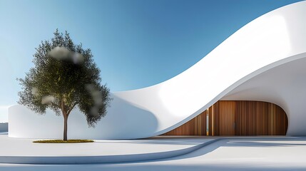 Aufkleber - 白と曲線的なデザインの建築物と青空の下の木 現代的な幾何学的屋外構造