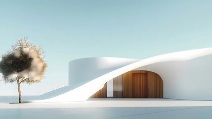 Aufkleber - 白い曲線的な建築デザインの屋外シーン 鮮やかな青い空と木々のシルエットが特徴的なミニマルな風景