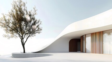 Aufkleber - モダン建築の白い建物と木 屋外の昼間のデザイン要素と青い空 美しい光と影の風景