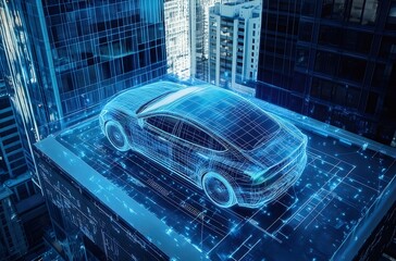 Aufkleber - デジタル都市の未来の自動車 青い光で表現された抽象的な車両デザイン 未来的な都市景観