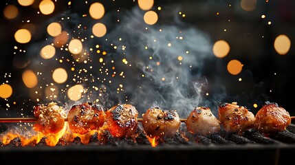 Wall Mural - a close-up of food on a grill with smoke billowing from the top