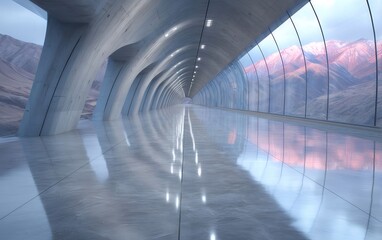 Poster - コンクリート構造の現代的なトンネル内部の反射光の風景 山と空の背景