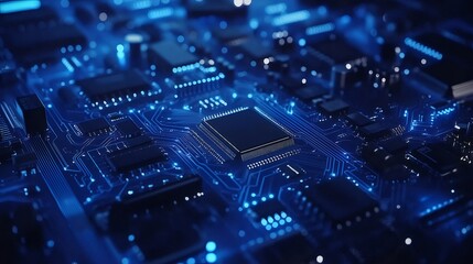 Aufkleber - 青色発光ダイオードで照らされた電子基板のクローズアップ 複雑な回路パターンが未来的なデジタル世界のコンセプトを表現