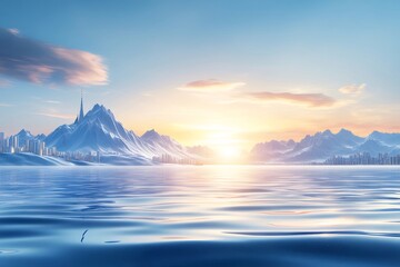 Poster - 朝焼けの氷河湖と雪山 太陽の光が水面に反射するパノラマ風景 青と白の幻想的な世界