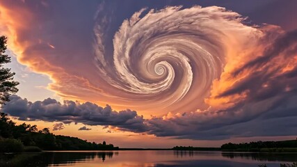 Poster - Whirling clouds and vibrant sunset paint a mesmerizing landscape at the tranquil lakeside Generative AI