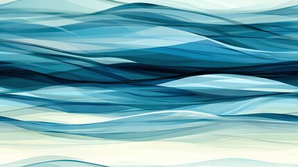 Wall Mural -   A stunning painting of vibrant blue and white waves against a serene white and blue backdrop, with a soft light blue sky adding depth to the composition