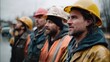 © Oksana - Group of Construction Workers Wearing Hard Hats Standing Outdoors in Rainy Weather