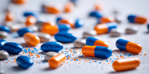 Aufkleber - Close-up of scattered blue and orange capsules on a textured surface with small sprinkles, showcasing pharmaceutical products or medication concepts