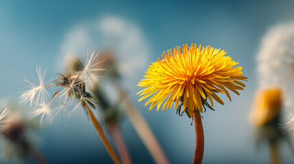 Poster - Close-up of yellow dandelion flower, blurred background with other dandelions, showcasing nature's beauty and seasonal change, representing growth and new beginnings