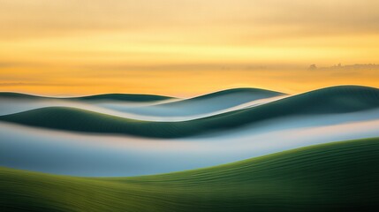 Wall Mural - a painting depicts a hillside landscape with a sunset backdrop featuring cloudy skies