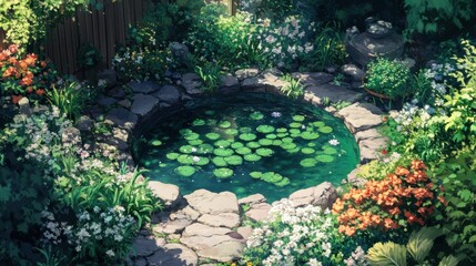 Fototapete - A peaceful garden with blooming flowers and a small pond, surrounded by greenery 