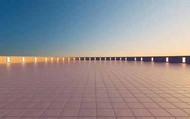 Aufkleber - 青い空の下の正方形の床面の遠近法のパノラマビュー 幾何学模様の背景 日没時の屋外建築デザイン