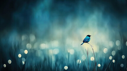 Wall Mural - a blue bird perches on top of a green grass field against a hazy sky backdrop