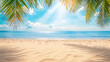 © THIBNH - Summer background with frame, nature of tropical golden beach with rays of sun light and leaf palm. Golden sand beach close-up, sea water, blue sky, white clouds. Copy space, summer vacation concept.