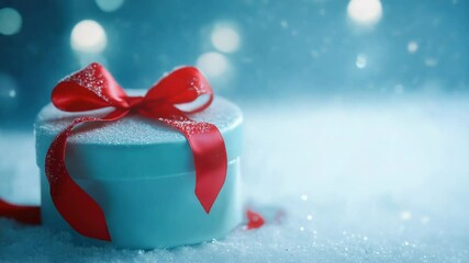 Poster - A small blue gift box wrapped with a red ribbon lies in the snow, perfect for winter-themed photos and promotions