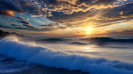 Poster - Waves dancing under a stunning sunset along the tranquil shore at twilight Generative AI
